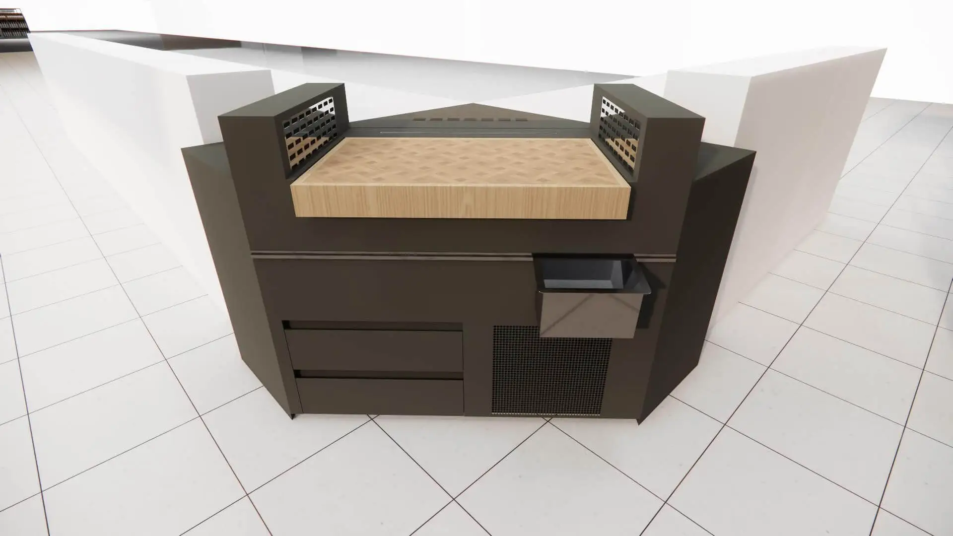 Agencement du rayon boucherie en GMS, cave de maturation 